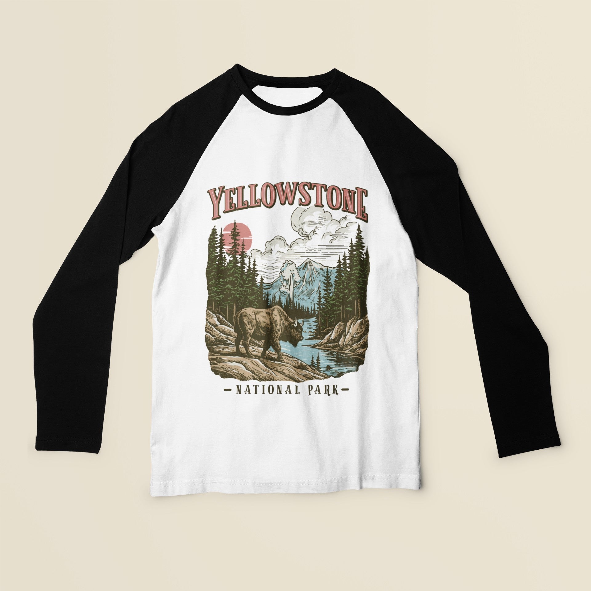 Unisex black-and-white baseball tee featuring a vintage Yellowstone National Park graphic with mountains, trees, and a bear.