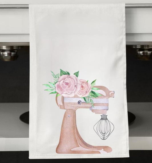 Pink Mixer Tea Towel | Floral Baking Kitchen Decor