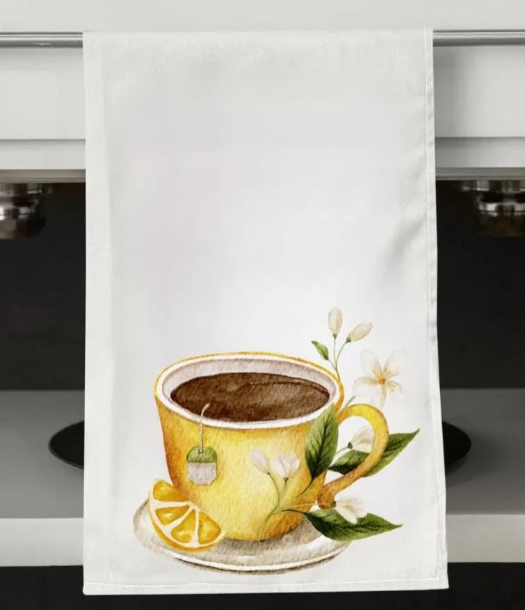 Watercolor tea cup tea towel with fresh lemon slices, tea bag, and delicate floral artwork