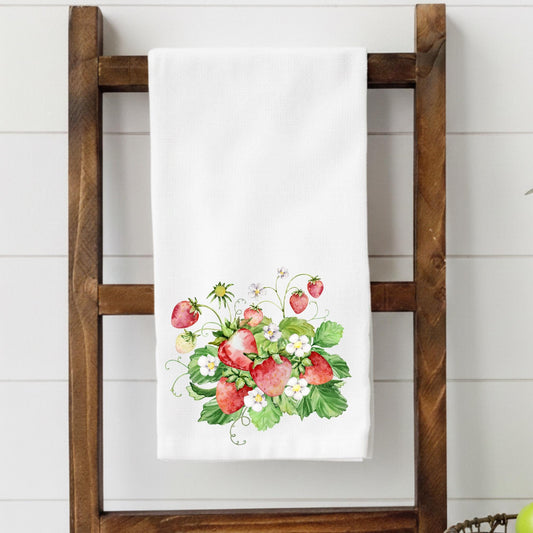 Strawberry Kitchen Towel – Farmhouse Floral Decor – Cottagecore Kitchen Towel – Botanical Strawberry Decor – Flour Sack Tea Towel