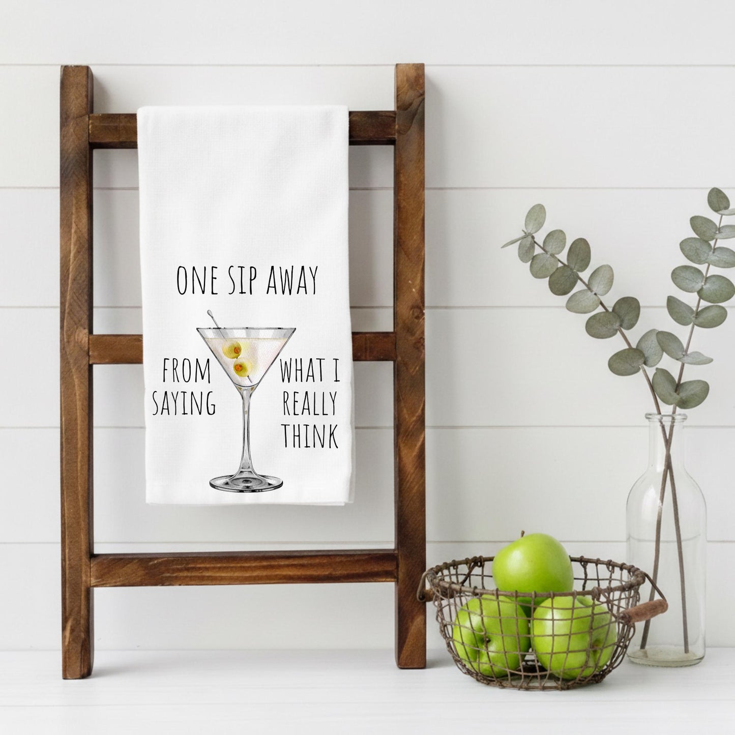 Funny Martini Kitchen Towel – One Sip Away Towel – Cocktail Tea Towel – Bar Cart Decor – Hostess Gift – Bachelorette Gift