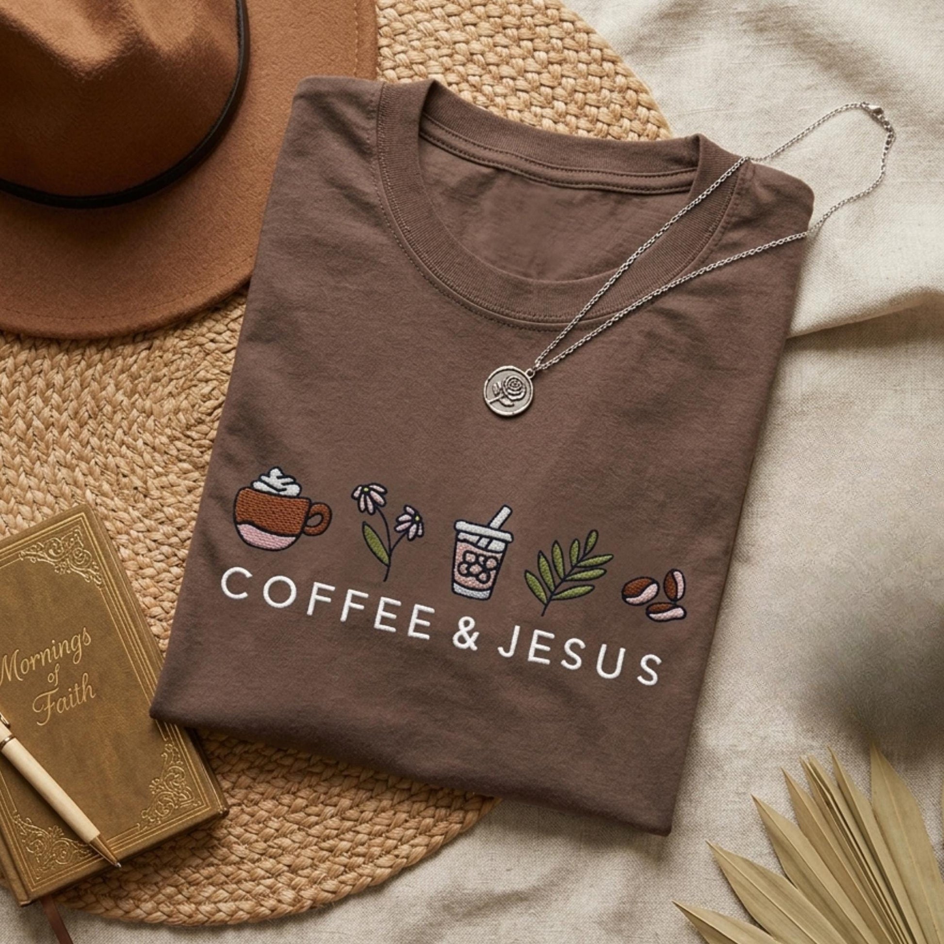 Folded brown t-shirt with 'Coffee & Jesus' text and graphics on a textured surface.