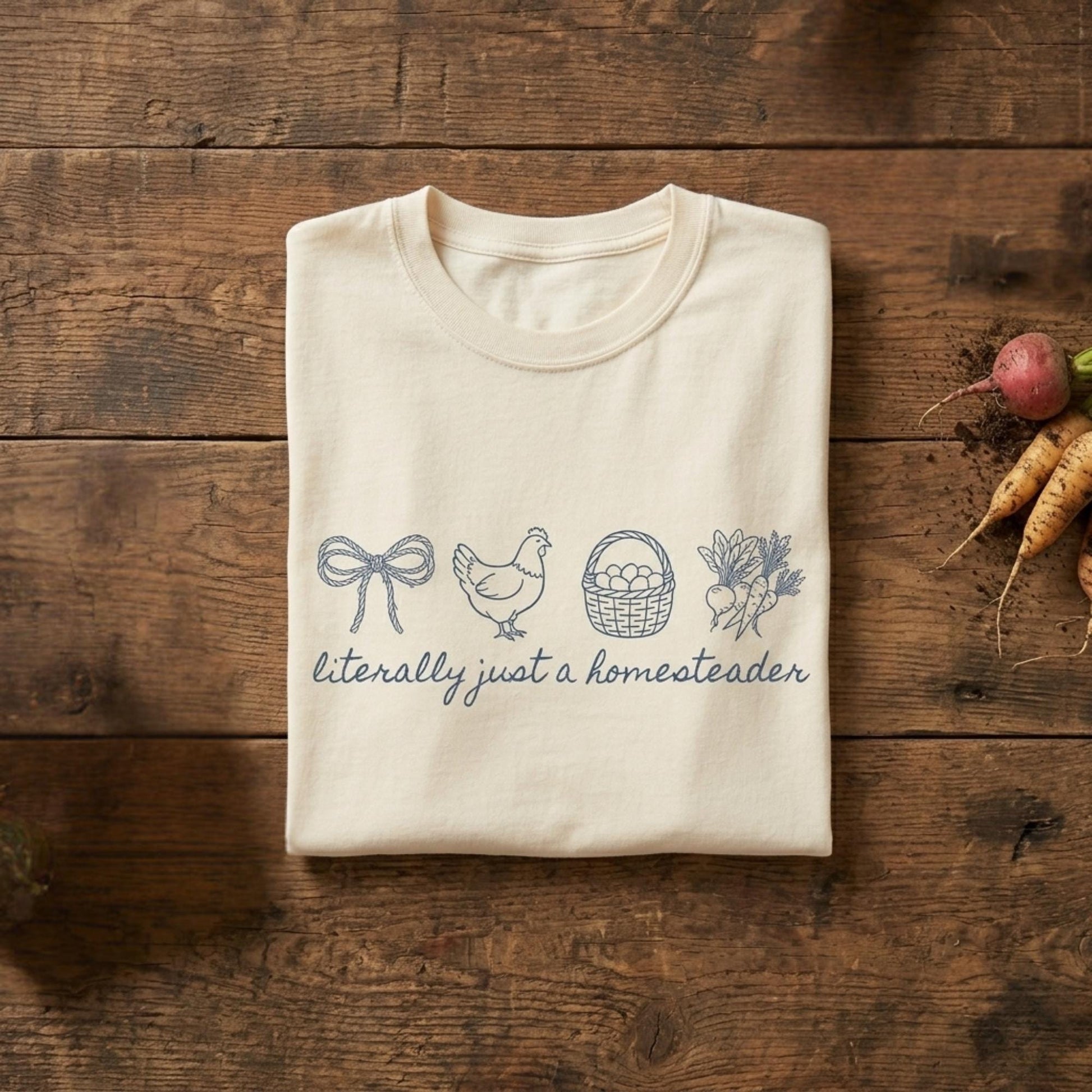 Folded shirt with illustrations and text on a wooden surface