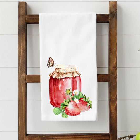 Kitchen Towel – Farmhouse Kitchen Decor – Strawberry Jam Jar Towel – Flour Sack Tea Towel – Housewarming Gift