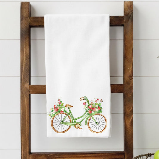 Strawberry Kitchen Towel – Farmhouse Floral Bicycle Decor – Cottagecore Kitchen Decor – Spring Summer Tea Towel – Flour Sack Towel