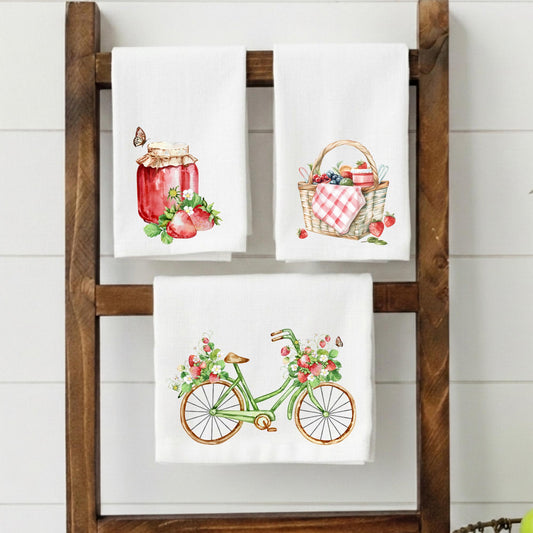 Strawberry Flour Sack Towel Set | Cottagecore Kitchen Decor | Summer Berry Pattern Tea Towels Pack of 3