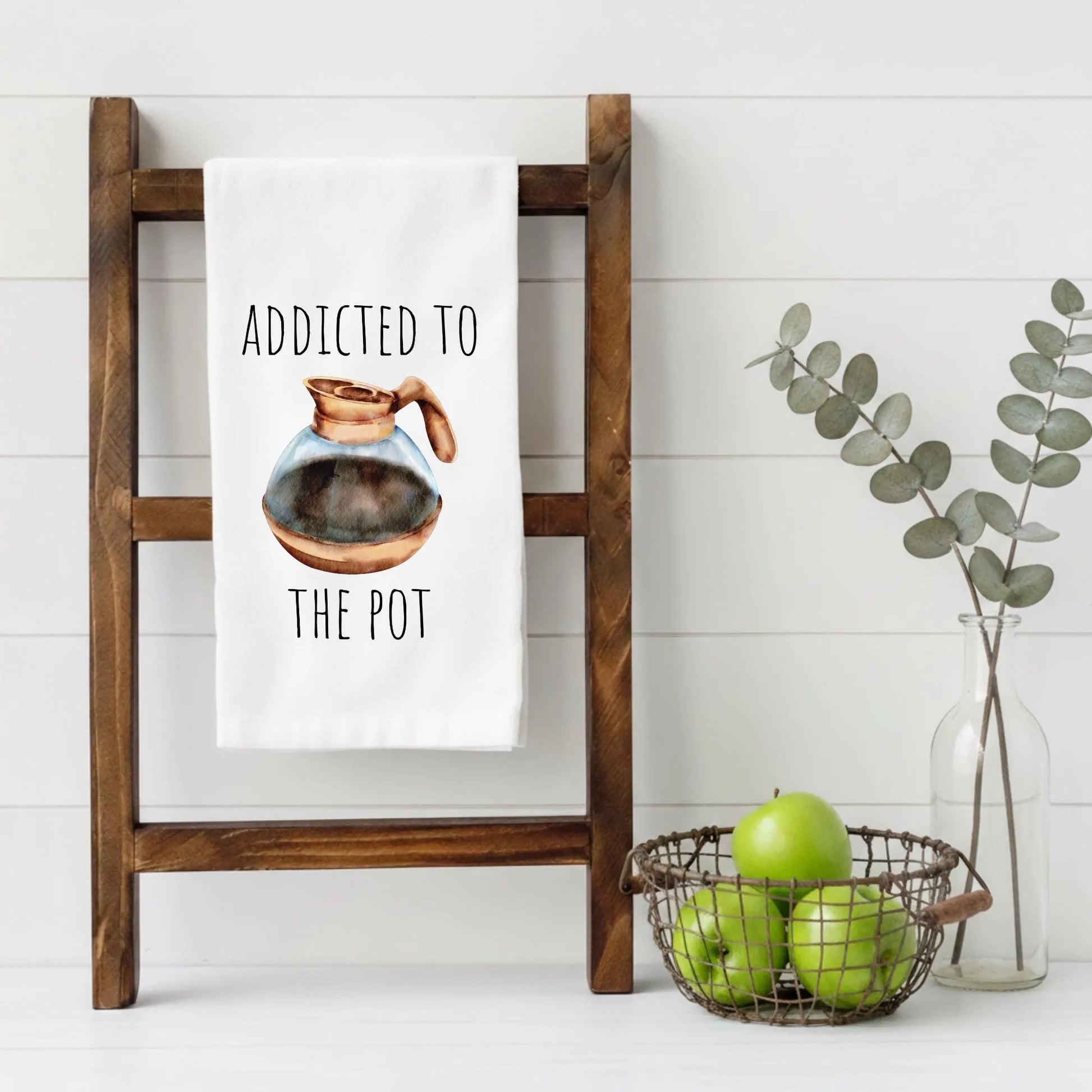Funny coffee lover tea towel with watercolor coffee carafe artwork and Addicted to the Pot phrase