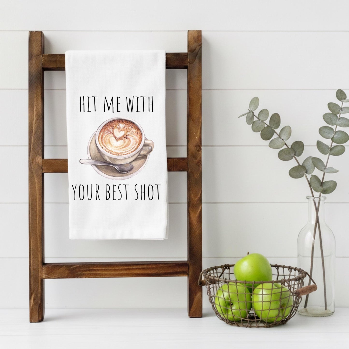 Funny Coffee Kitchen Towel – Hit Me With Your Best Shot – Coffee Lover Gift – Funny Tea Towel – Kitchen Humor Decor