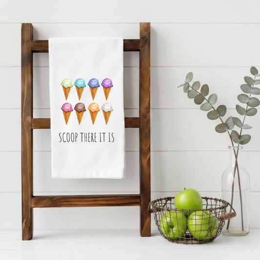 Watercolor ice cream cone tea towel with Scoop There It Is phrase and colorful summer dessert artwork