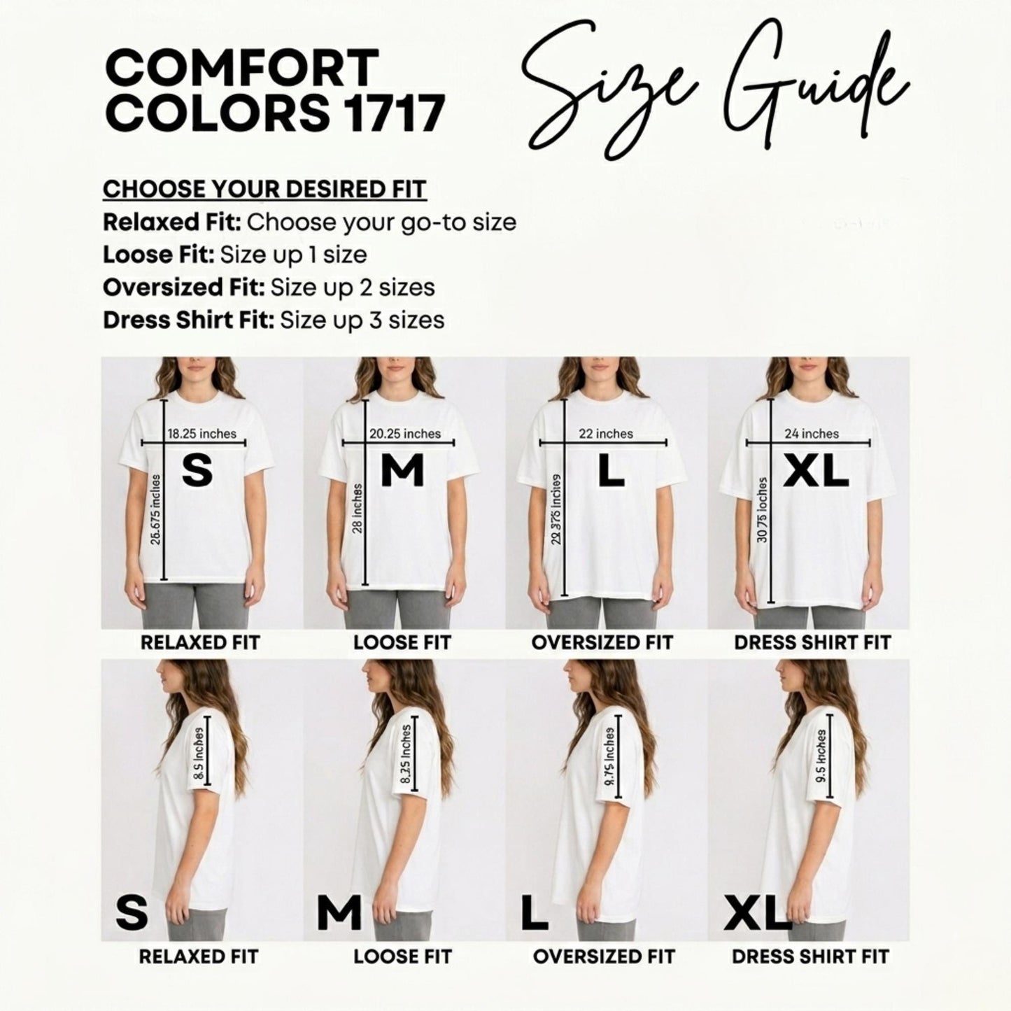 Size guide for Comfort Colors 1717 with different fit options and measurements.