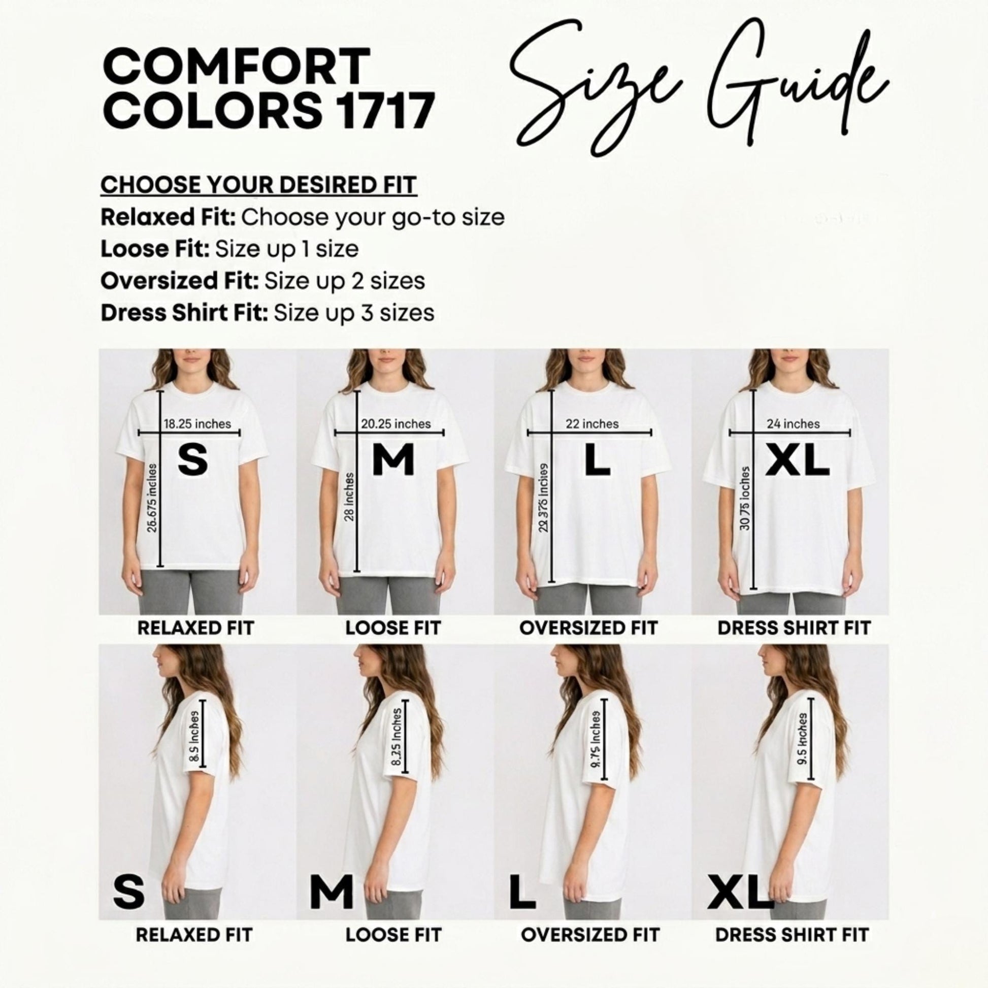 Size guide for Comfort Colors 1717 with different fit options and measurements.