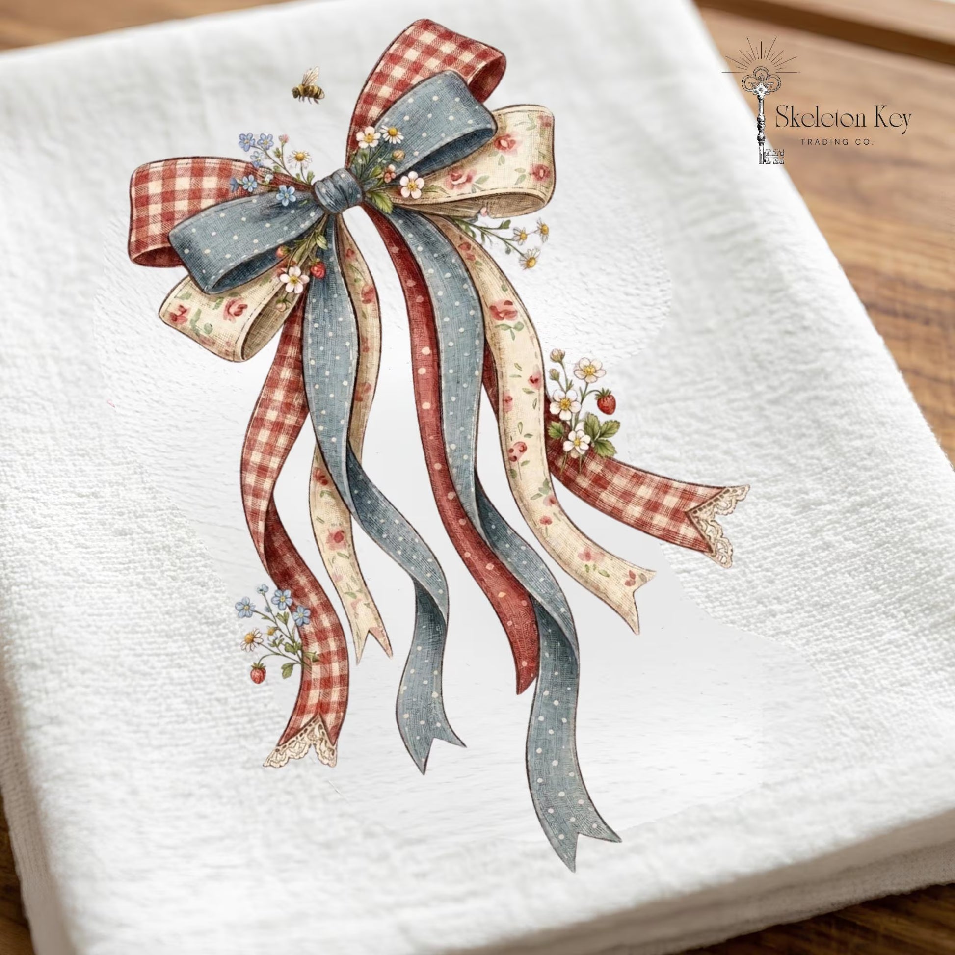 Vintage patriotic ribbon kitchen towel with red white and blue farmhouse bow artwork and floral accents