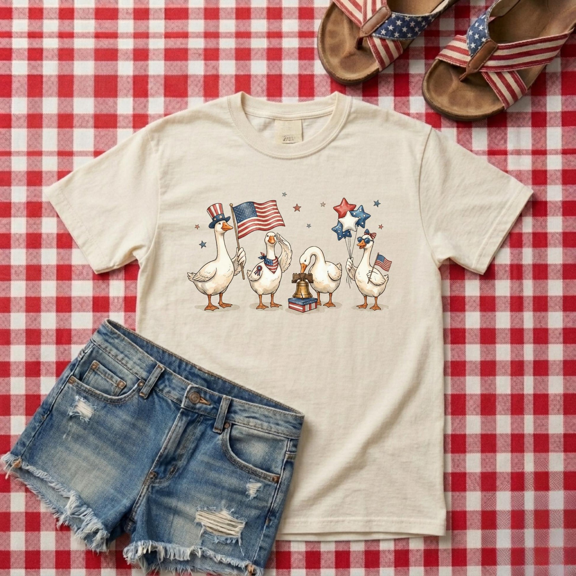 Beige t-shirt with patriotic duck design on a red and white checkered tablecloth with denim shorts and sandals.