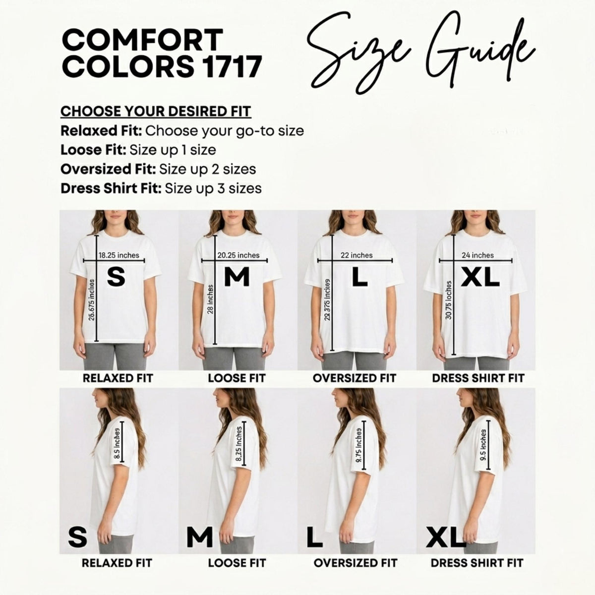 The image is a size guide for a t-shirt, showing different fit sizes for relaxed, loose, oversized, and dress shirt fits.