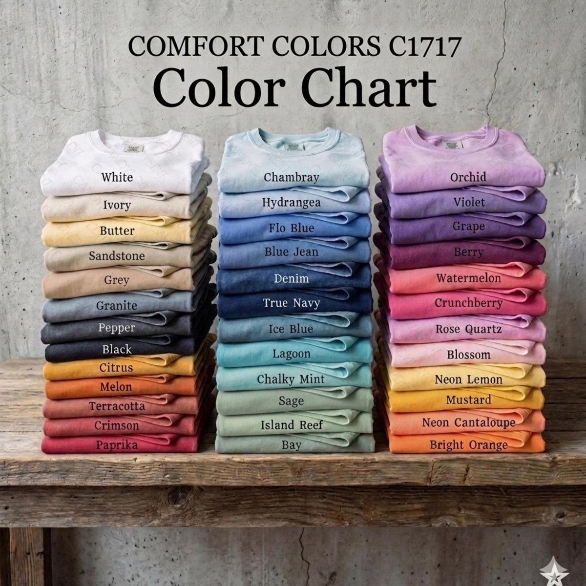 A color chart displaying various colored t-shirts, with each color represented by a different shirt.