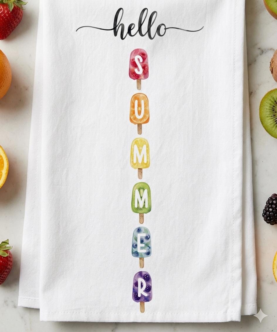 White towel with colorful 'summer' text and ice cream cone design, surrounded by fruits on a marble surface.