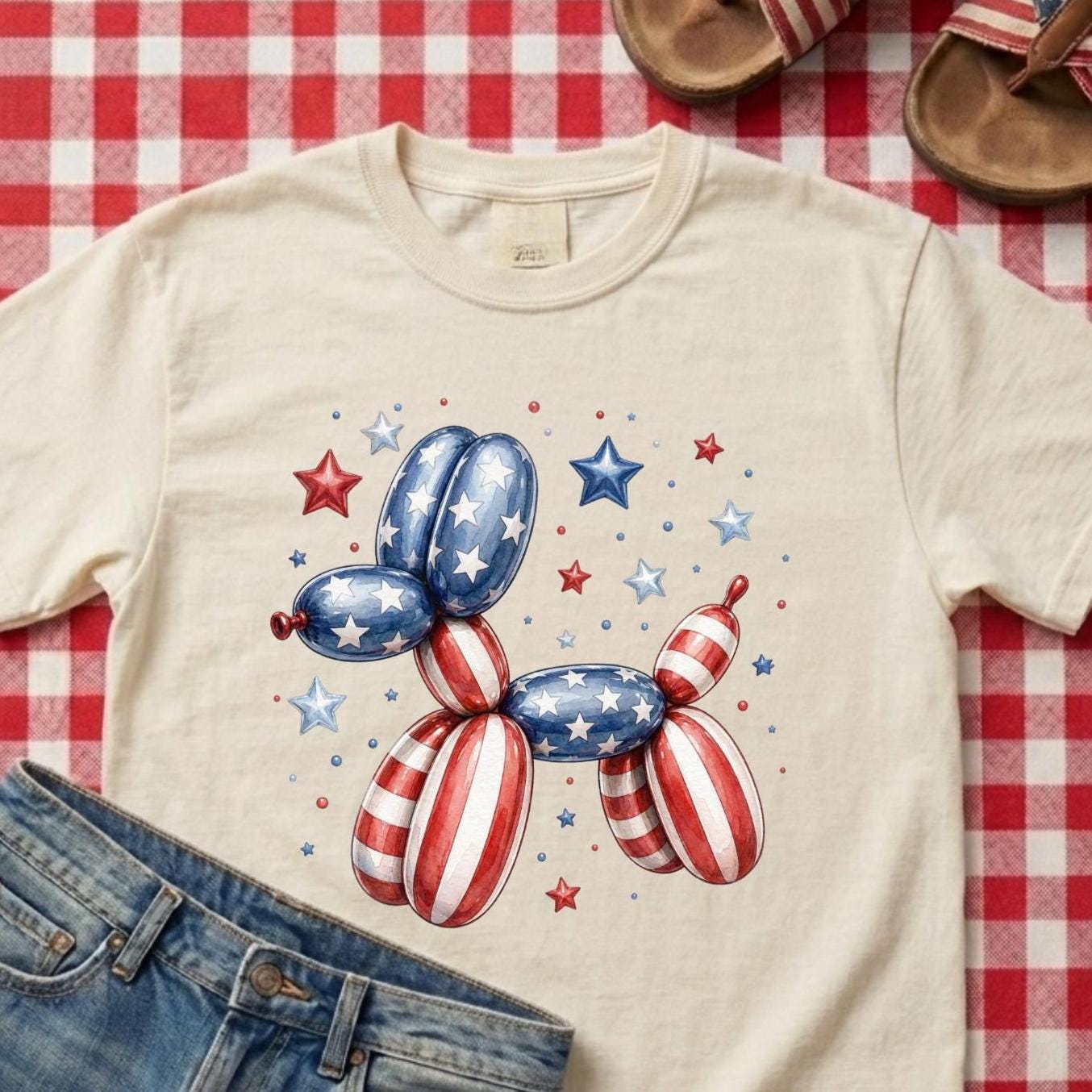 May include: Cream-colored t-shirt featuring a balloon dog design in red, white, and blue, with stars scattered around. The dog's body is made of balloons, with the American flag design. A pair of blue jeans and sandals are in the background.