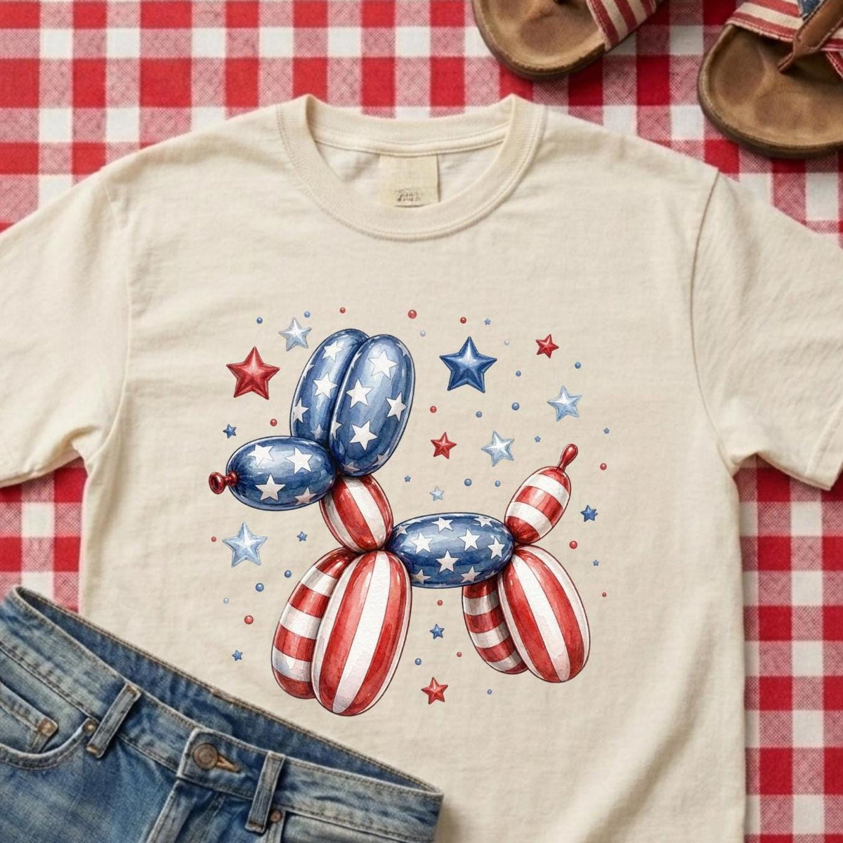 May include: Cream-colored t-shirt featuring a balloon dog design in red, white, and blue, with stars scattered around. The dog's body is made of balloons, with the American flag design. A pair of blue jeans and sandals are in the background.