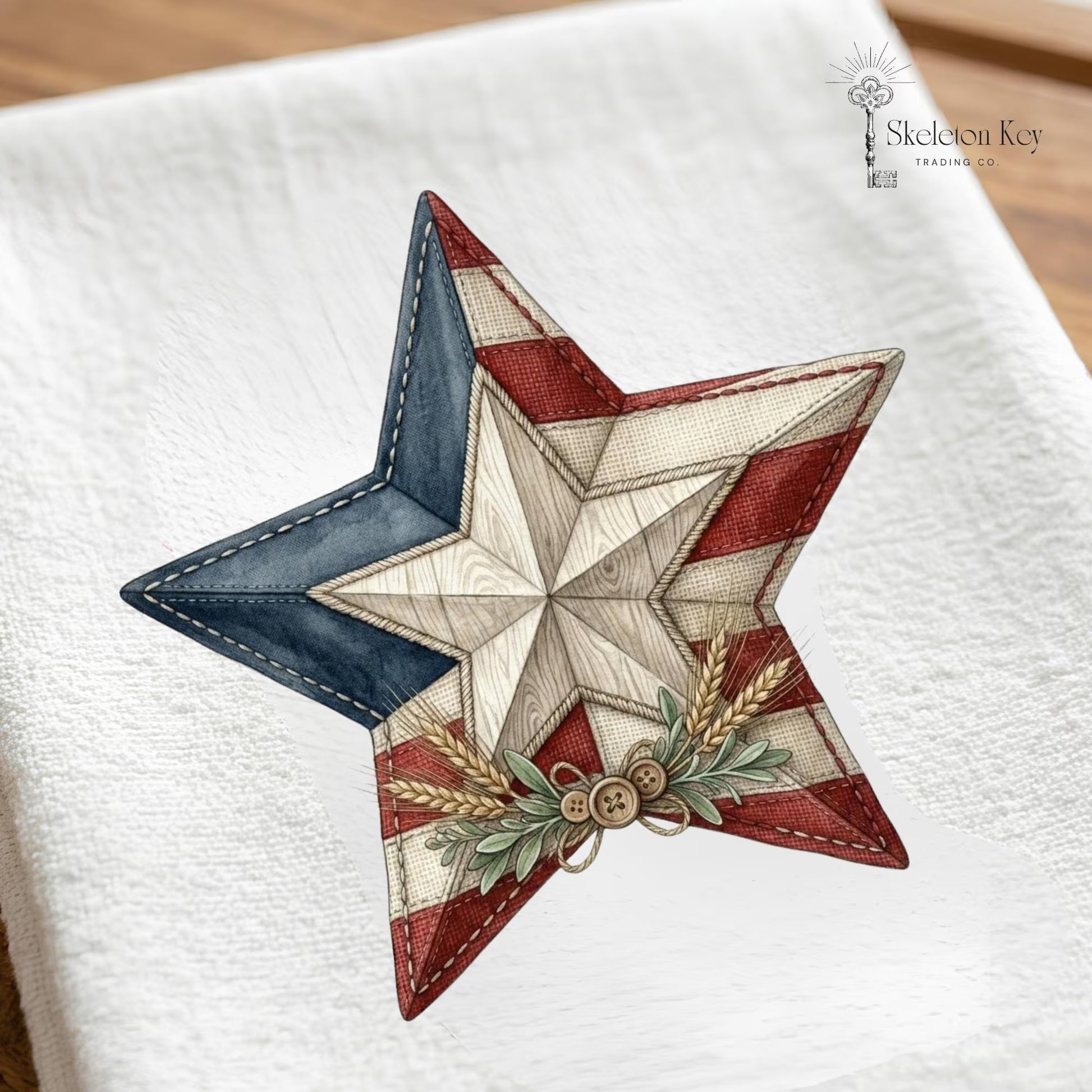 Rustic patriotic kitchen towel featuring a red white and blue barn star design for farmhouse and country kitchens