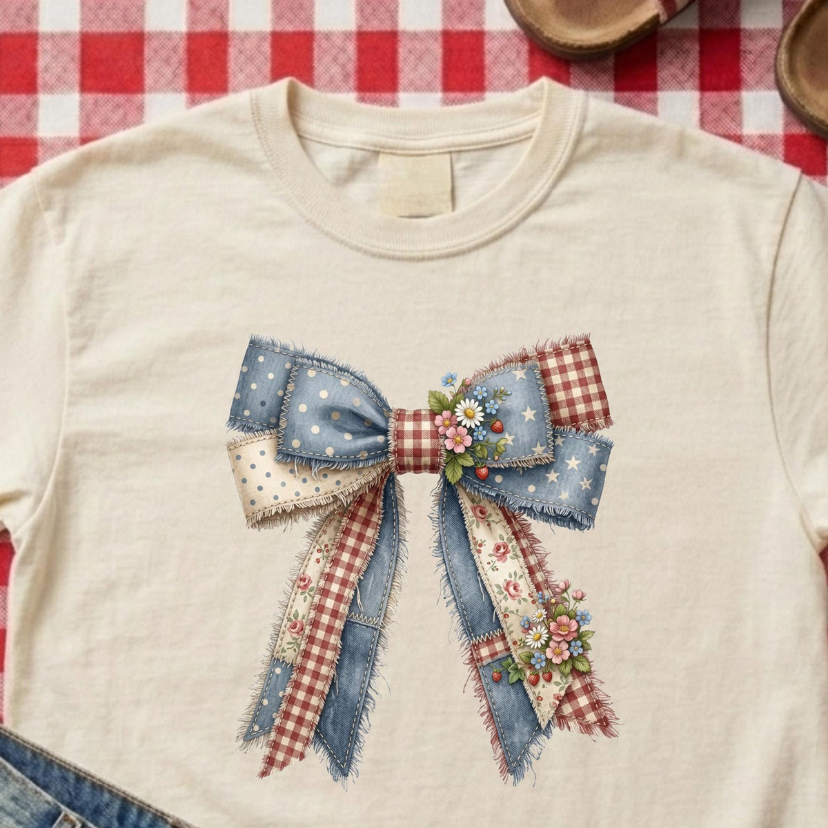 A cream-colored short-sleeve t-shirt featuring a large, detailed patchwork bow graphic on the chest. The bow is made from various fabrics including blue denim with white stars, red gingham, polka-dot cream ribbon, and small floral clusters.