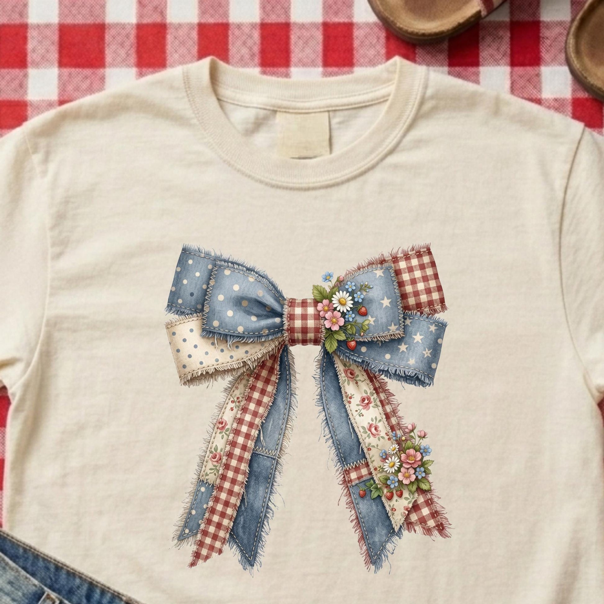 A cream-colored short-sleeve t-shirt featuring a large, detailed patchwork bow graphic on the chest. The bow is made from various fabrics including blue denim with white stars, red gingham, polka-dot cream ribbon, and small floral clusters.