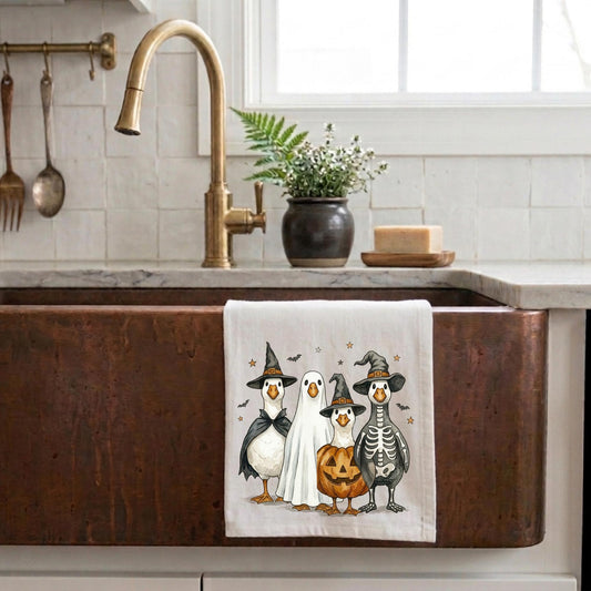 Halloween Goose Tea Towel - Vintage Silly Goose Kitchen Towel, Cute Ghost Pumpkin Decor, Funny Fall Gift for Bird Lover