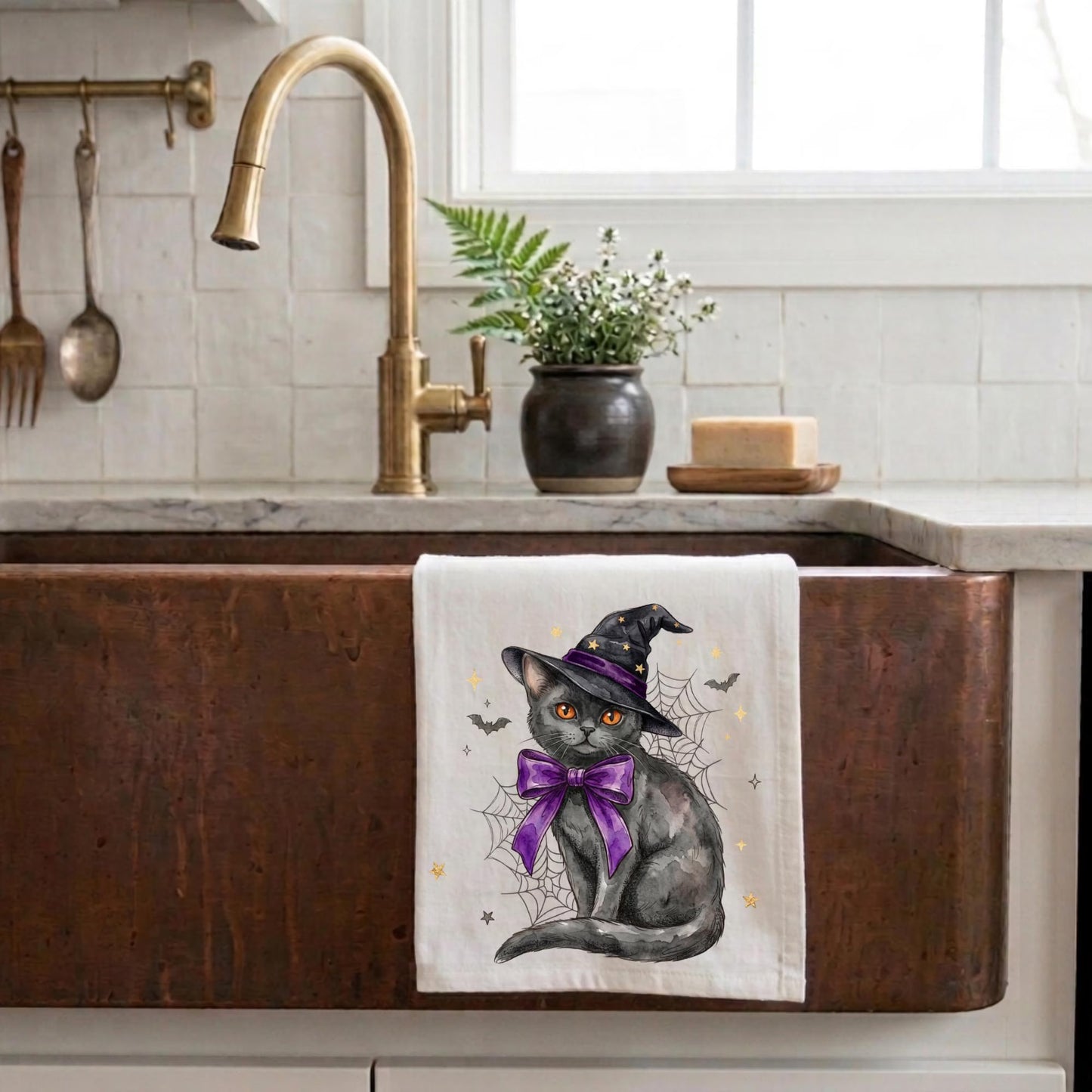 Black cat Halloween dish towel displayed in farmhouse kitchen