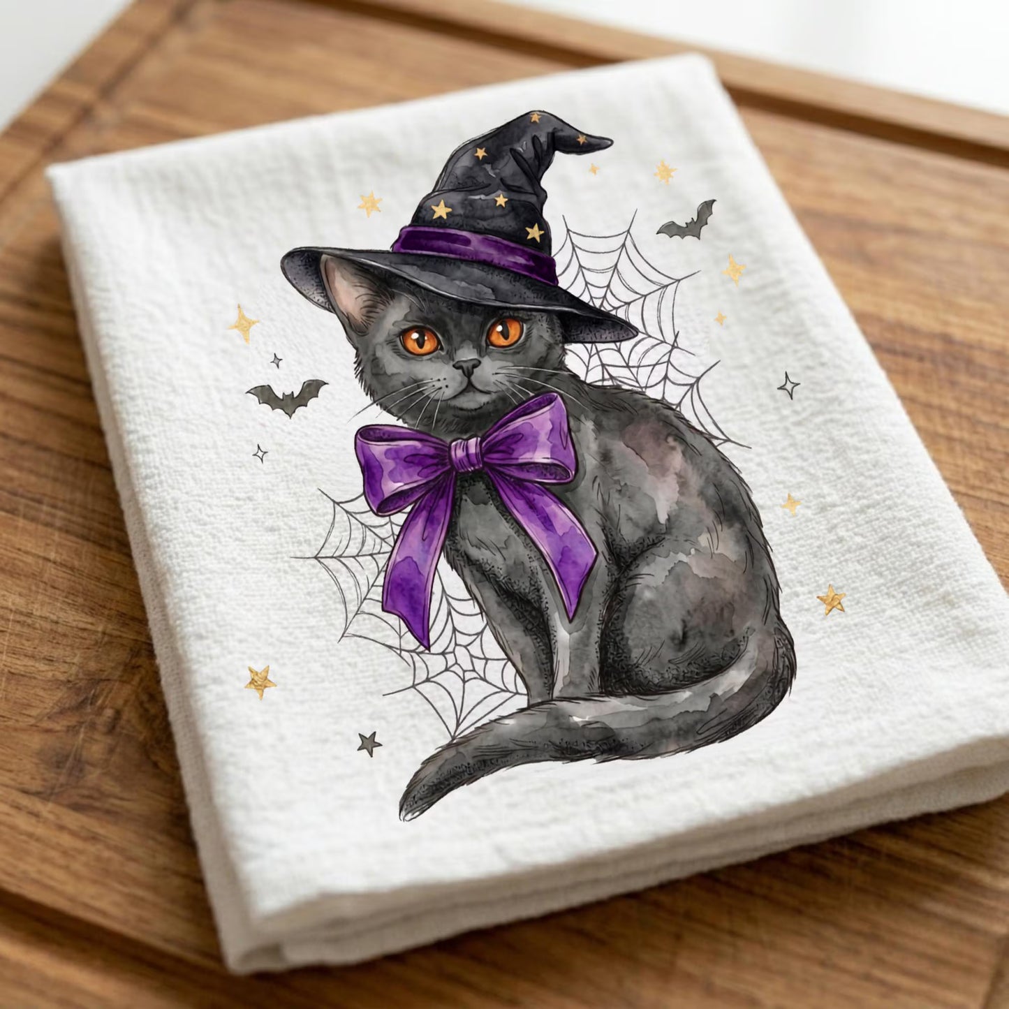 Watercolor black cat tea towel with spiderweb and Halloween design