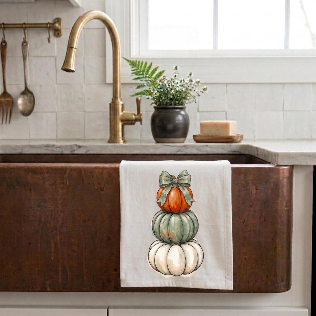 Stacked Pumpkin Tea Towel - Watercolor Autumn Kitchen Towel, Cozy Pumpkin Stack Decor, Thanksgiving Hostess Gift