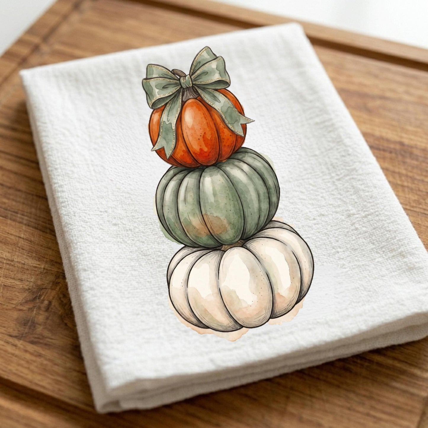 Stacked Pumpkin Tea Towel - Watercolor Autumn Kitchen Towel, Cozy Pumpkin Stack Decor, Thanksgiving Hostess Gift
