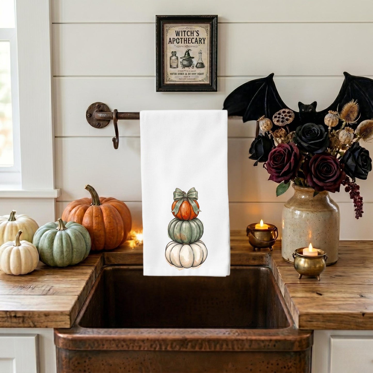 Stacked Pumpkin Tea Towel - Watercolor Autumn Kitchen Towel, Cozy Pumpkin Stack Decor, Thanksgiving Hostess Gift