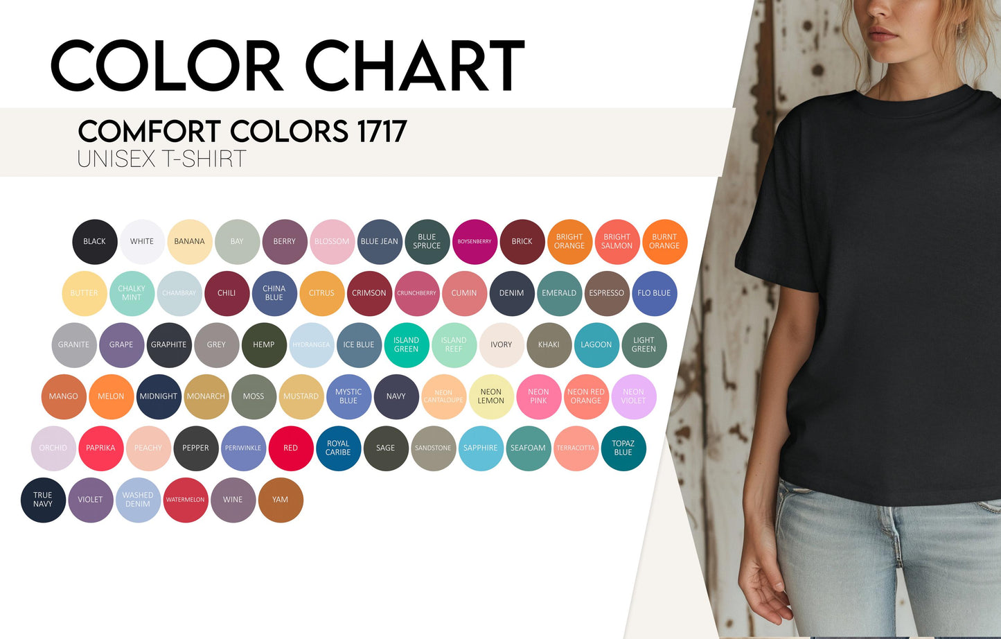 Color chart for Comfort Colors 1717 t-shirts with a model wearing a black t-shirt.