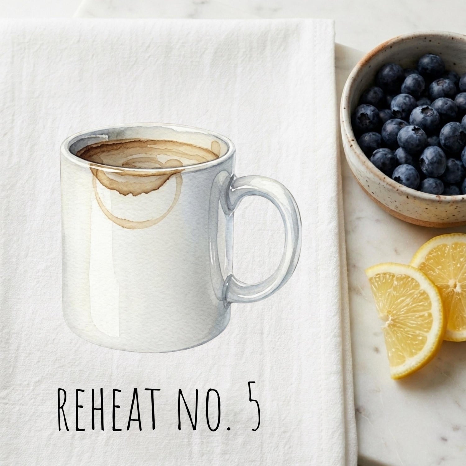 White mug with coffee stains on a white cloth, next to a bowl of blueberries and lemon slices.