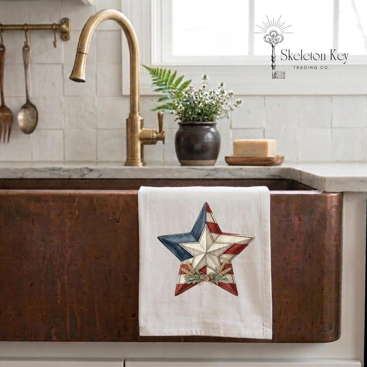 Patriotic barn star kitchen towel featuring a rustic red white and blue patchwork star design with Americana farmhouse styling