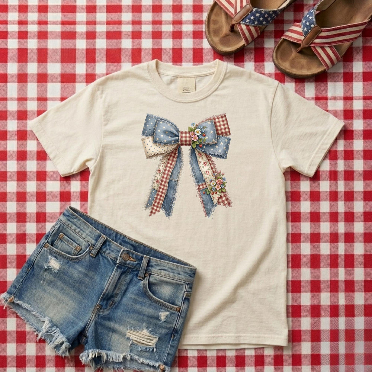 A styled flat-lay of a children's outfit featuring a cream-colored t-shirt with a patriotic bow graphic, paired with distressed denim shorts, set against a red and white gingham checkered background. A pair of red, white, and blue sandals is visible in the top right corner.