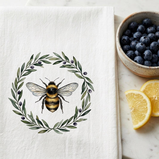Gardener Gift Tea Towel, Nature Kitchen Towel, Botanical Flour Sack Towel, Bumble Bee Kitchen Decor, Cottage Garden Home Gift