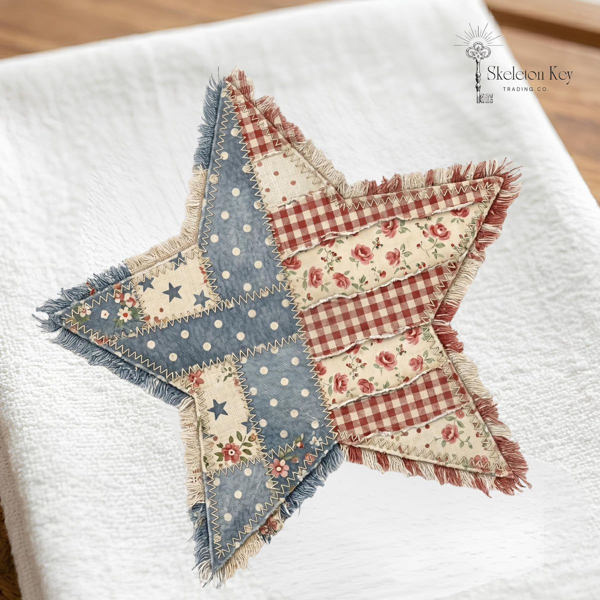 Patchwork Americana Star Tea Towel - Rustic Quilted Patriotic Kitchen Towel, Red White and Blue Summer Decor, Country Star Hand Towel