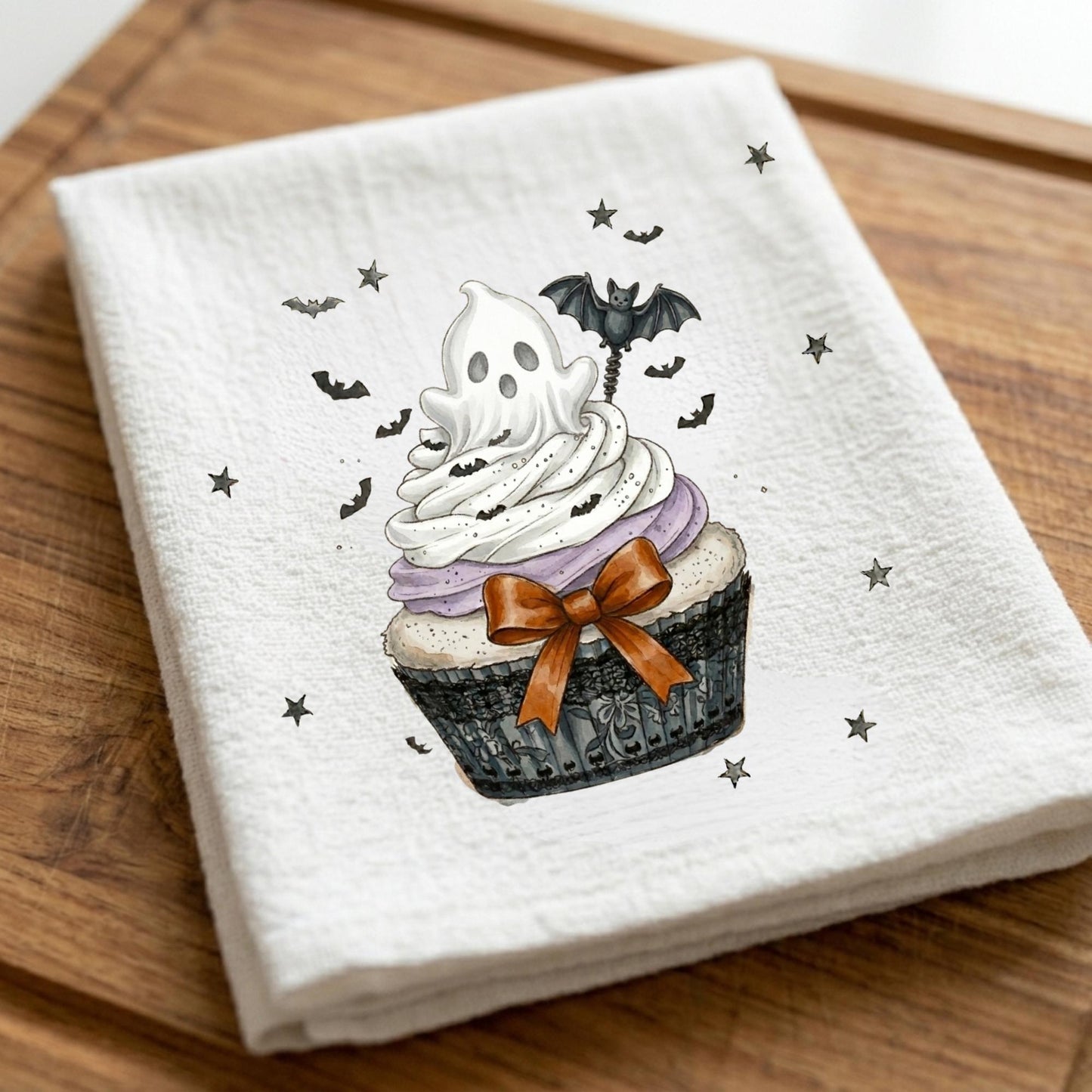 Ghost cupcake Halloween tea towel with bat accents and spooky watercolor artwork
