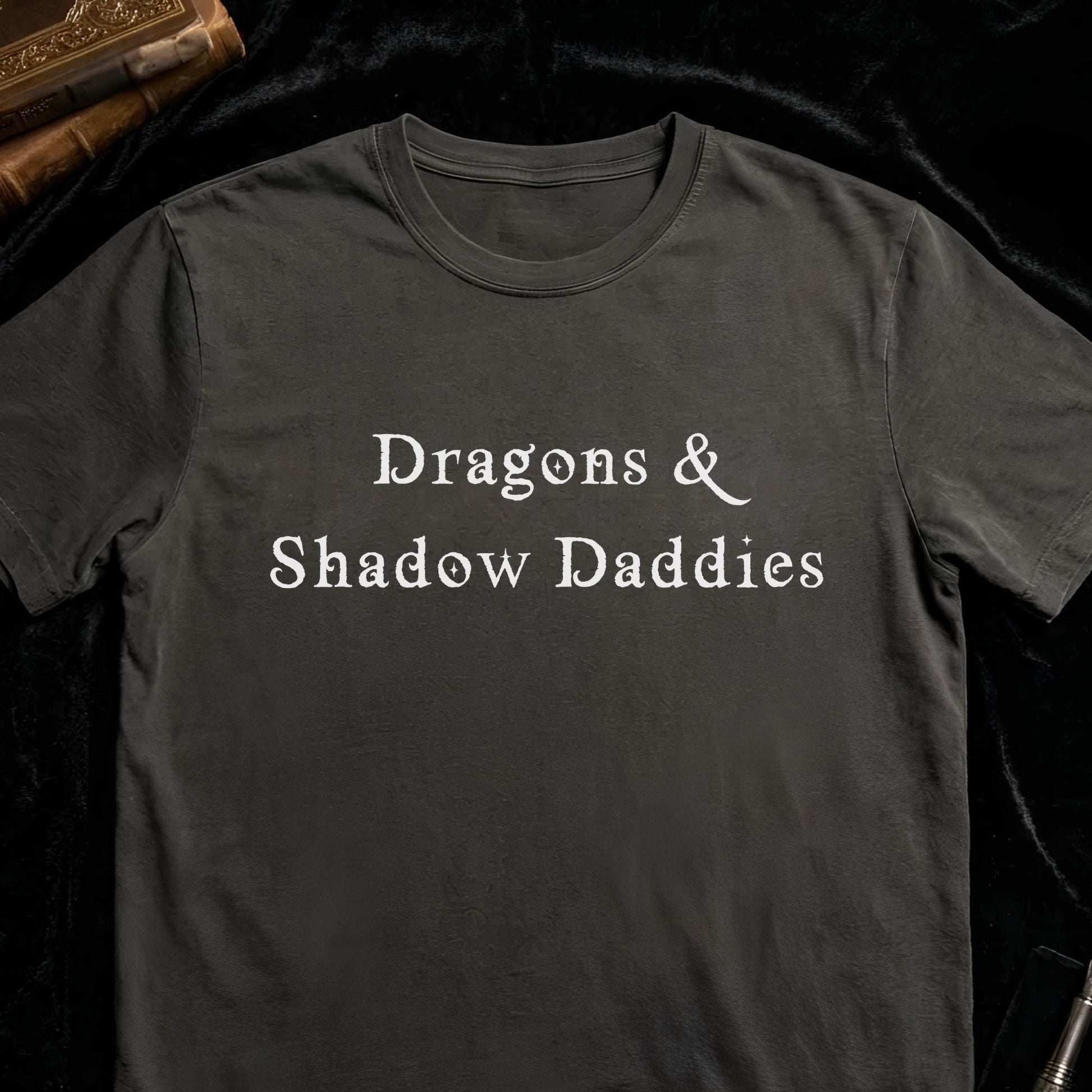 Charcoal Comfort Colors shirt featuring Dragons & Shadow Daddies typography design for romantasy readers