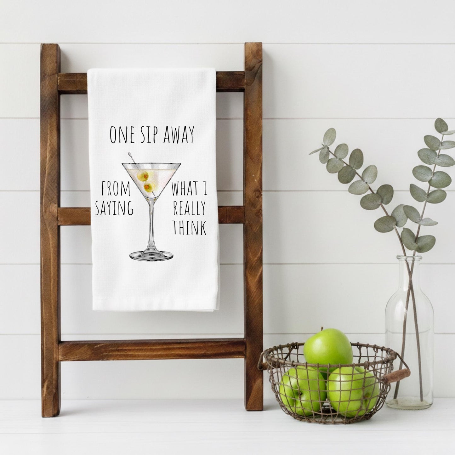 Funny martini kitchen towel gift for hostesses, cocktail lovers, and home entertainers