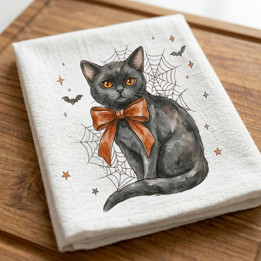 A folded white kitchen towel with a printed illustration of a black cat wearing an orange bow, set against a spiderweb and stars, displayed on a wooden surface.