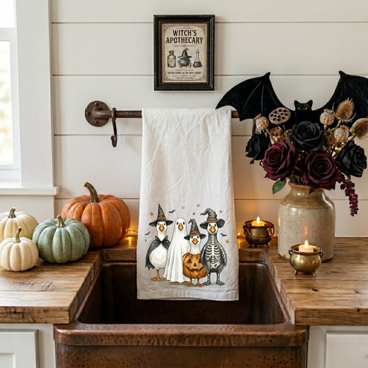 Halloween Goose Tea Towel - Vintage Silly Goose Kitchen Towel, Cute Ghost Pumpkin Decor, Funny Fall Gift for Bird Lover