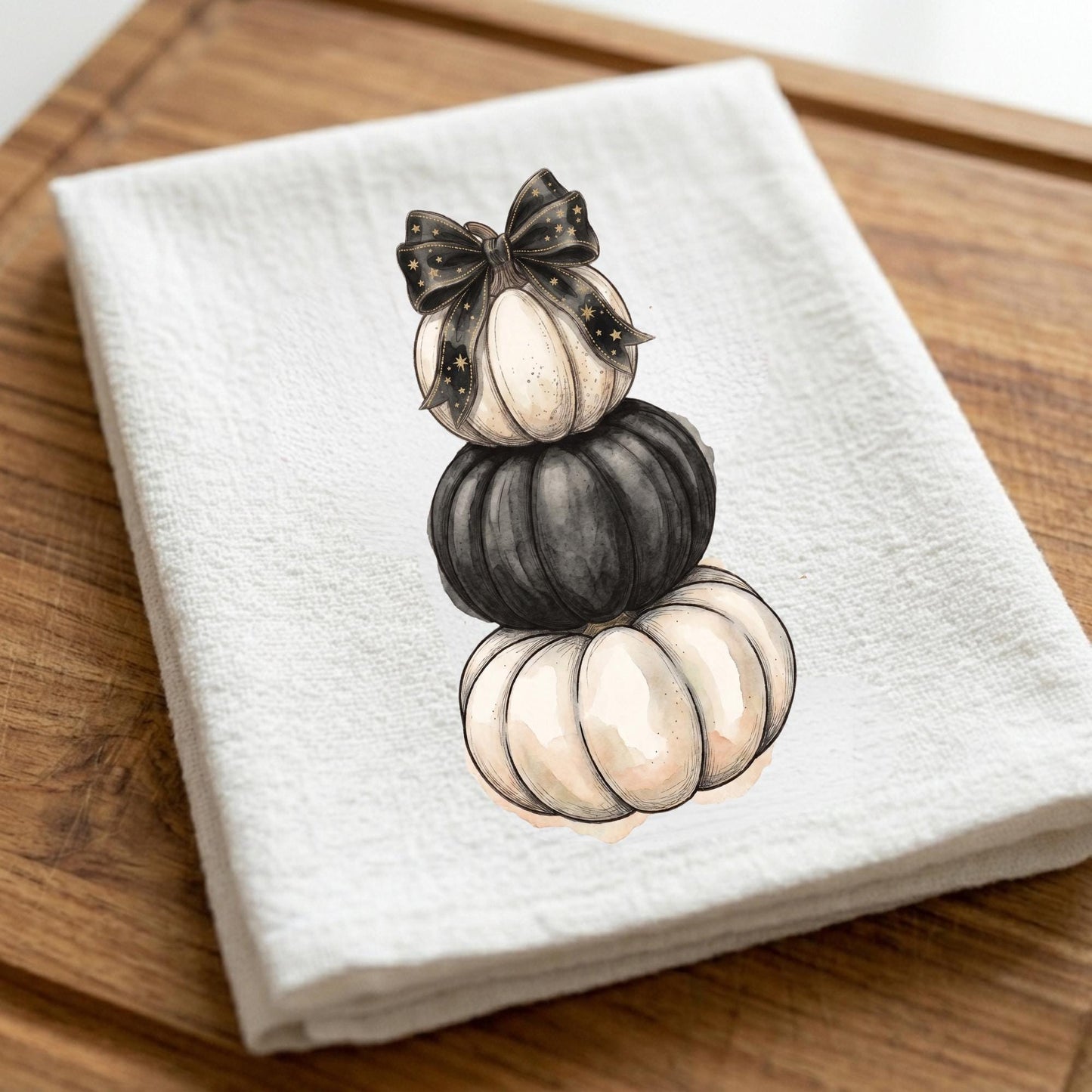Stacked Pumpkin Tea Towel - Watercolor Autumn Kitchen Towel, Cozy Pumpkin Stack Decor, Thanksgiving Hostess Gift
