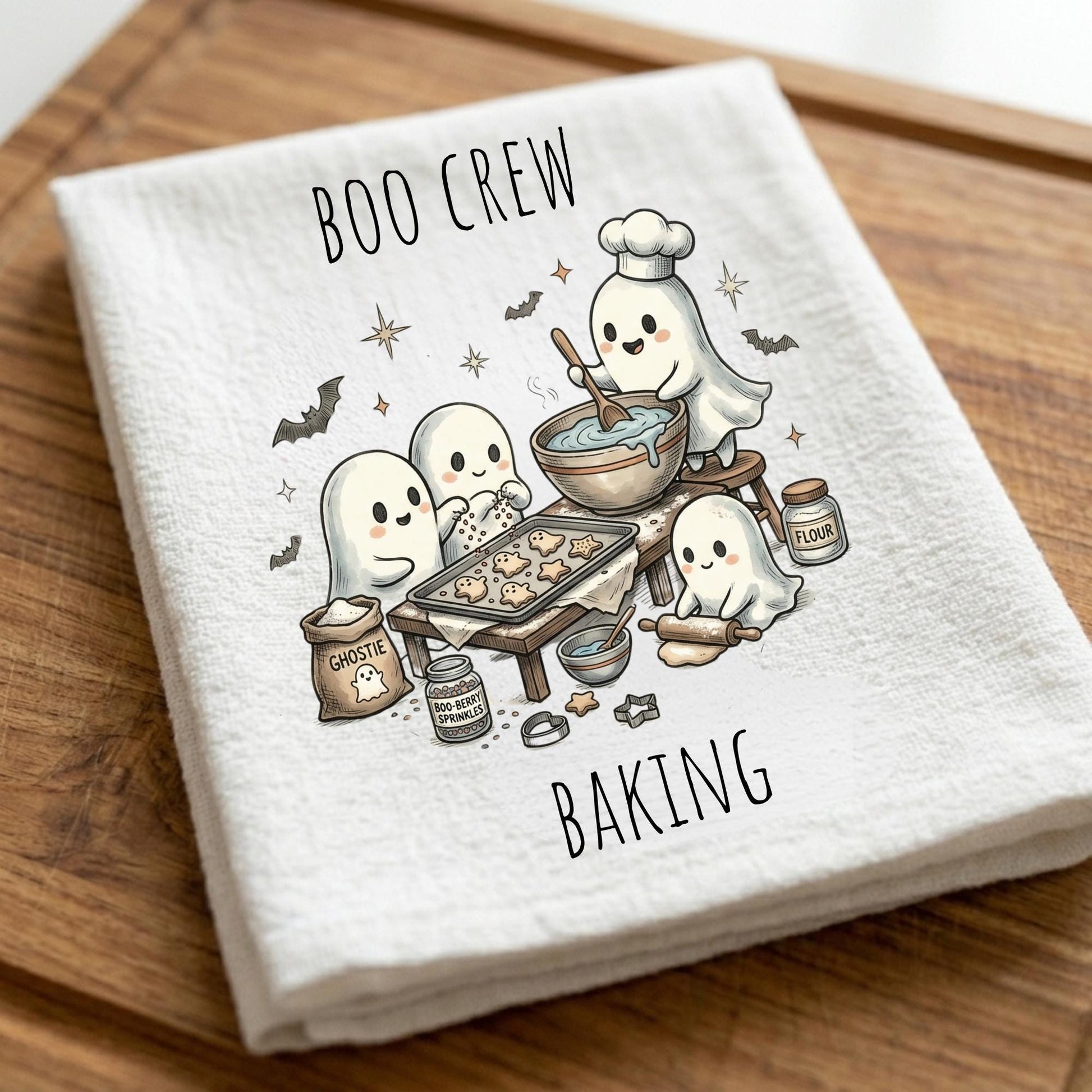 A folded white kitchen towel with a cute cartoon ghost baking illustration and the words 'BOO CREW BAKING' printed on it, placed on a wooden surface.